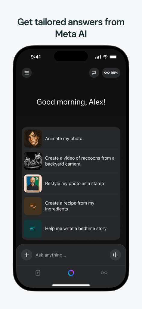 Interface of the Meta AI app showing a personalized dashboard with options for animating photos, creating videos, and generating content