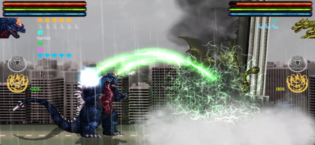 Godzilla: Omniverse - Una scena in pixel art 2D di Godzilla Omniverse che mostra Godzilla mentre spara un raggio di energia verde contro un avversario in una città.