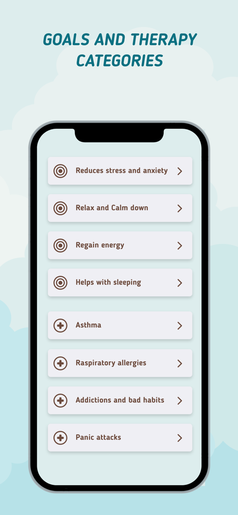 Breah - breathing exercises - Interfaz de la aplicación Breah que muestra categorías de ejercicios de respiración para alivio del estrés, sueño y terapia