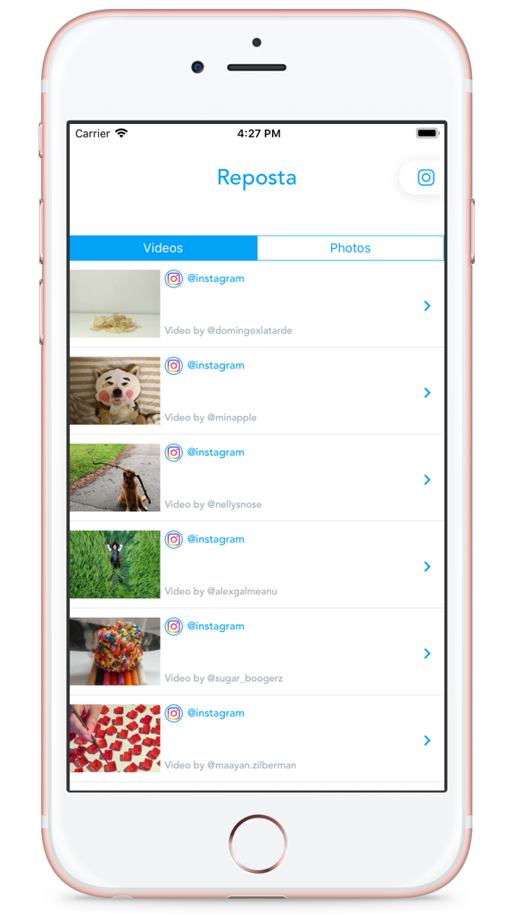 Reposta - Reposta app interface displaying a list of Instagram videos with original creator attributions for reposting.