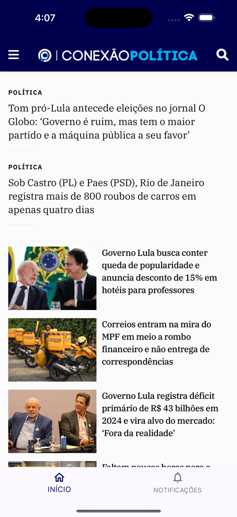 Conexão Política - Feed de notícias do aplicativo Conexão Política mostrando manchetes sobre a política brasileira.