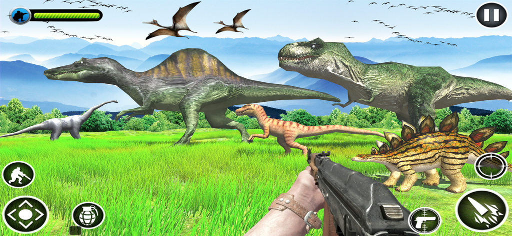 First person shooter view of hunting various dinosaurs with an assault rifle in a jungle environment.