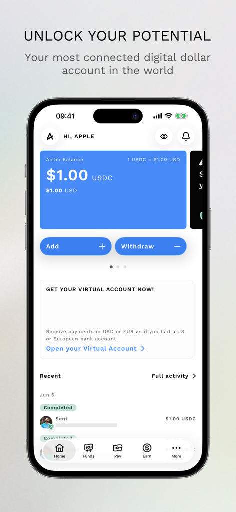 Écran d'accueil de l'application mobile Airtm montrant le solde en dollars numériques et les options de compte virtuel