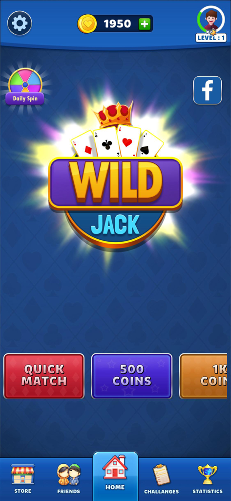 Wild Jacks card game home screen showing game modes coin balance and navigation menu