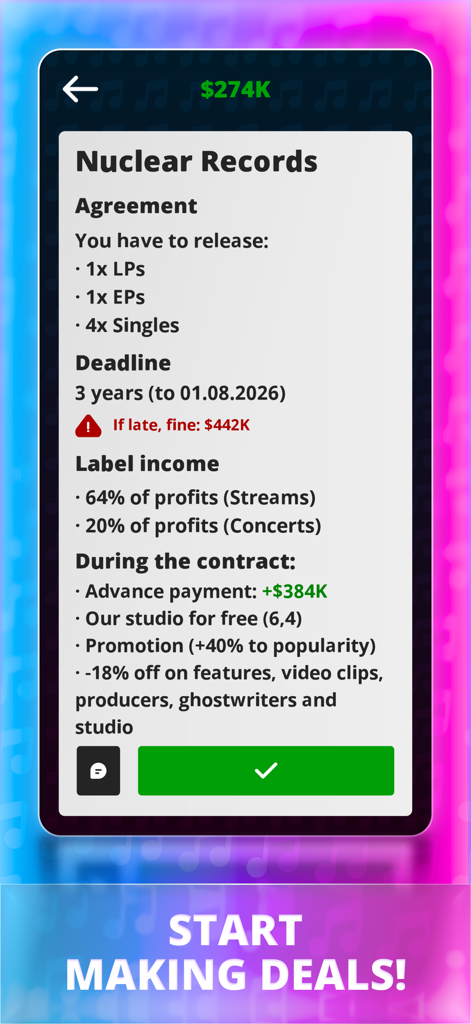Rapper Life Simulator - A game screen from Rapper Life Simulator displaying a record label contract with Nuclear Records showing advance payment and release requirements.