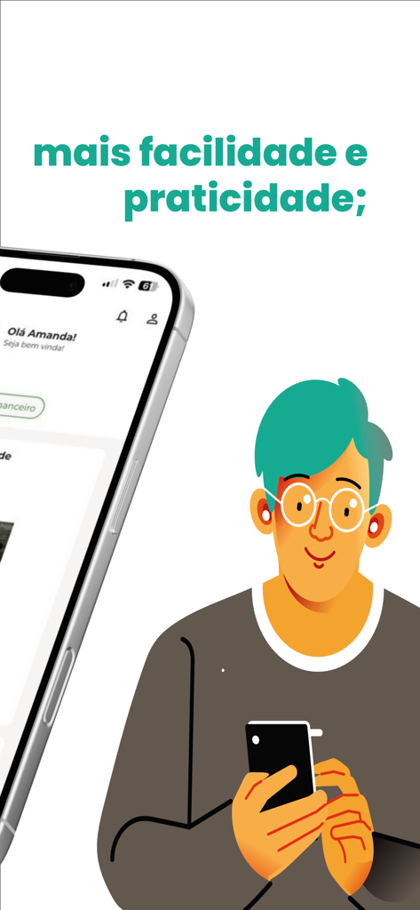 Uma ilustração de um estudante universitário usando o aplicativo móvel UNIFAA em um smartphone para um gerenciamento acadêmico mais fácil