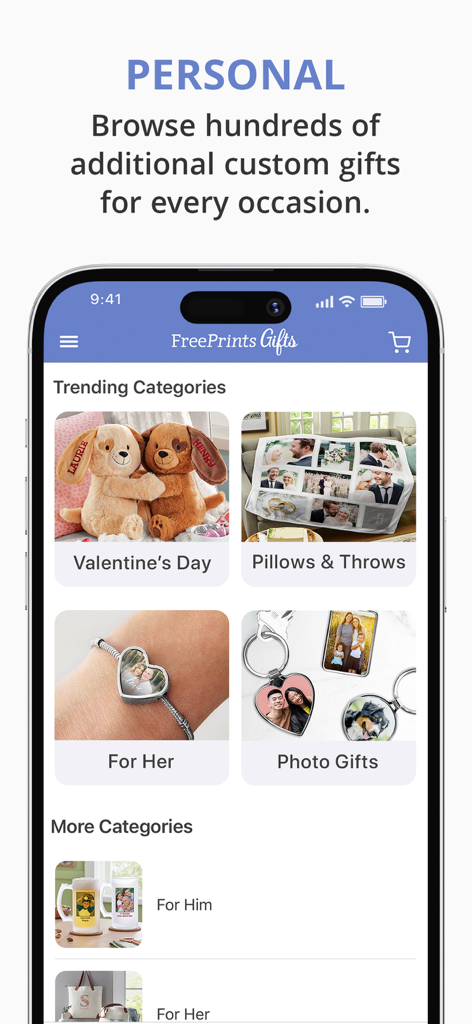 FreePrints Gifts – Fast & Easy - A smartphone screen of the FreePrints Gifts app showcasing various personalized gift categories like photo pillows, jewelry, and plush toys.