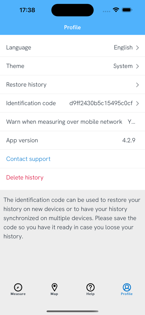 Bredbandskollen - Bredbandskollenアプリのプロフィールと設定画面、言語選択、テーマオプション、履歴管理を表示。