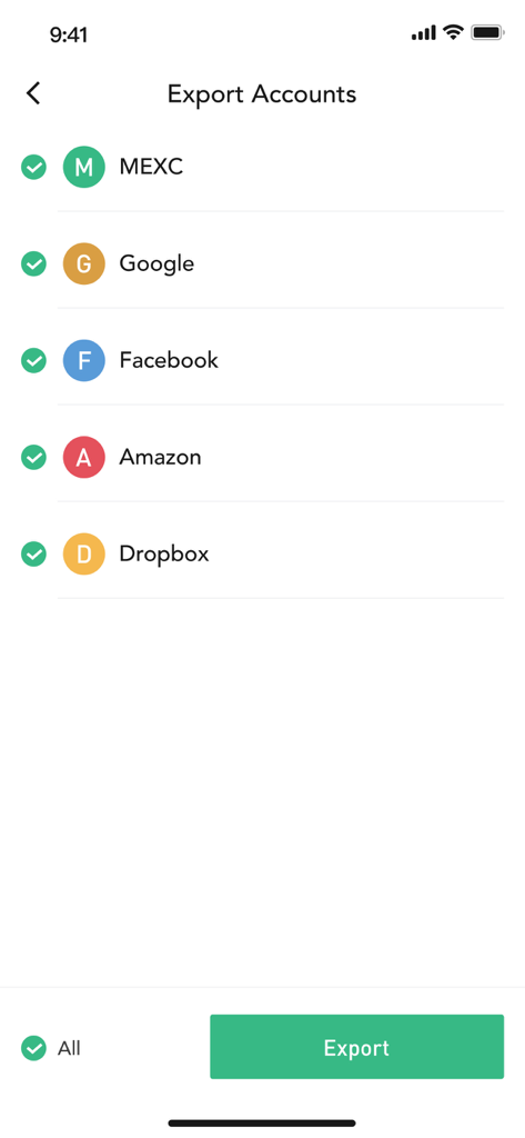 MEXC Authenticator 인터페이스는 전송을 위해 선택된 여러 플랫폼 계정 목록과 함께 계정 내보내기 화면을 표시합니다.