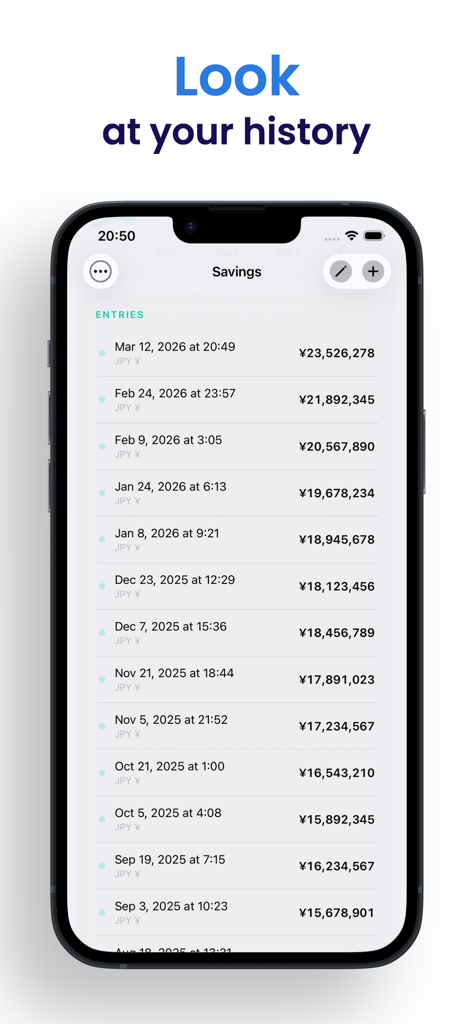 Savings - Track Your Money - A mobile screen showing a history of manual savings entries with dates and amounts in Yen.