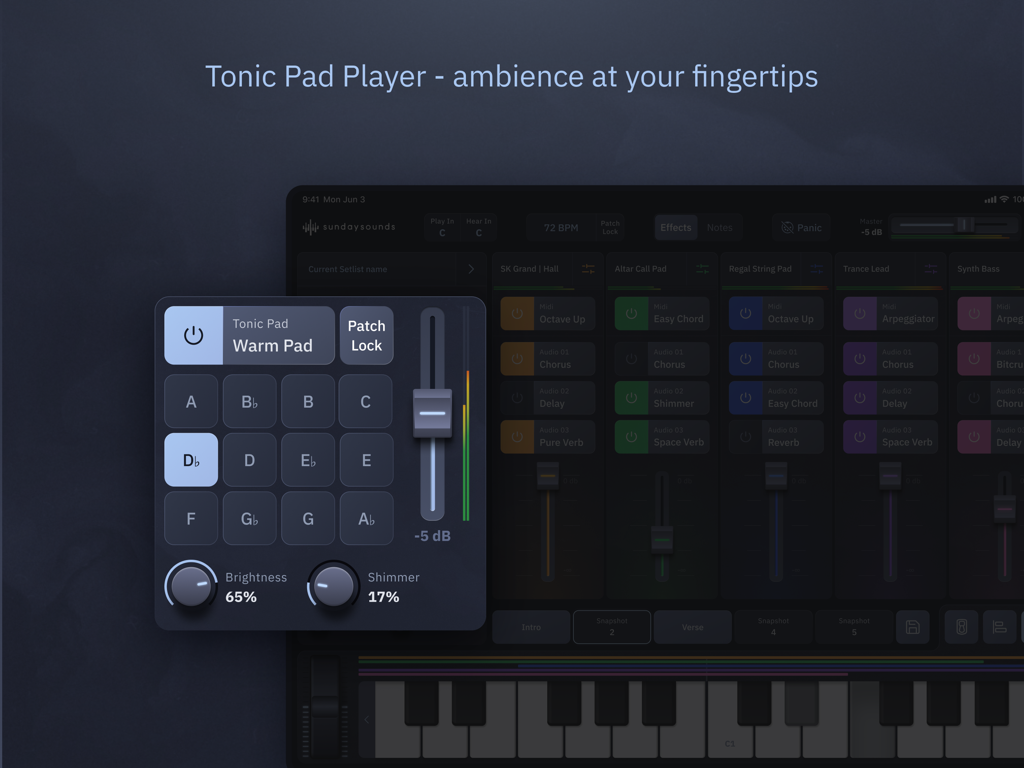 Sunday Keys - Interface of the Tonic Pad Player in Sunday Keys app showing ambient pad controls and key selection
