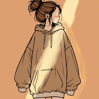 realistic girl with a oversized sweatshirt on and a bun