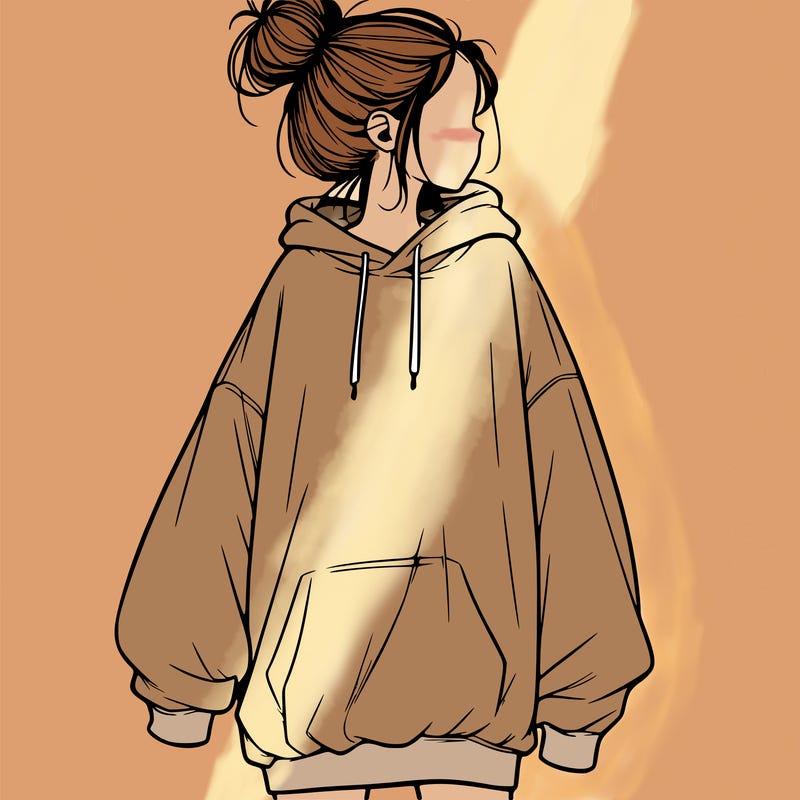 realistic girl with a oversized sweatshirt on and a bun
