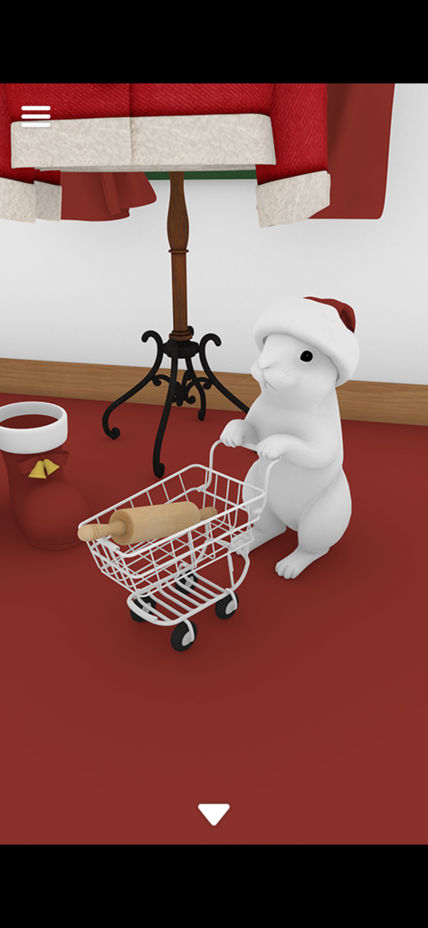 Escape Game: Ho Ho Ho! - Ein weißer Hamster mit Weihnachtsmütze schiebt einen winzigen Einkaufswagen mit einer Nudelholz darin.