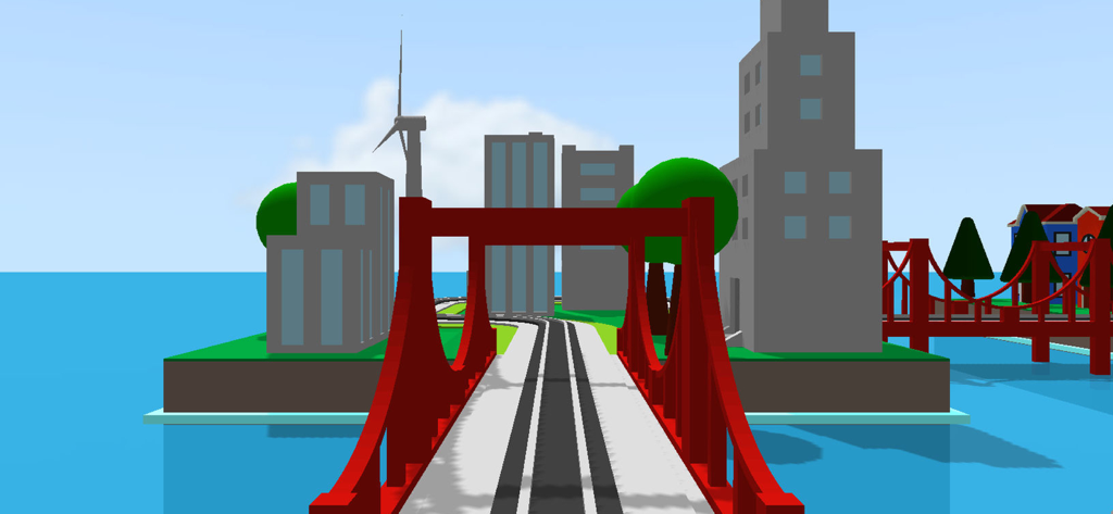 A first-person 3D view of a train track crossing a red bridge into a blocky city.