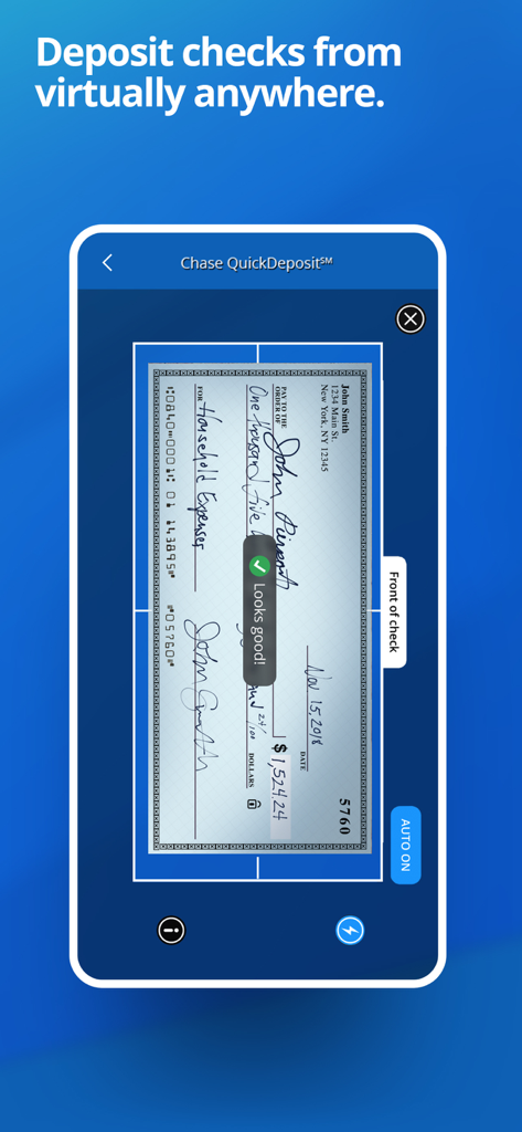 A smartphone displaying the Chase QuickDeposit feature scanning a check for mobile deposit with a green checkmark indicating the image looks good.
