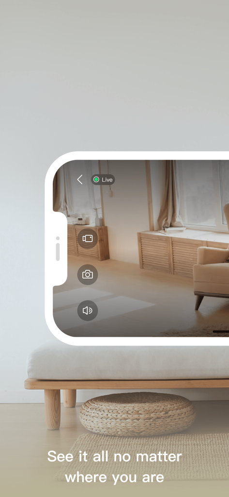 Smartphone screen showing a live security camera feed of a living room
