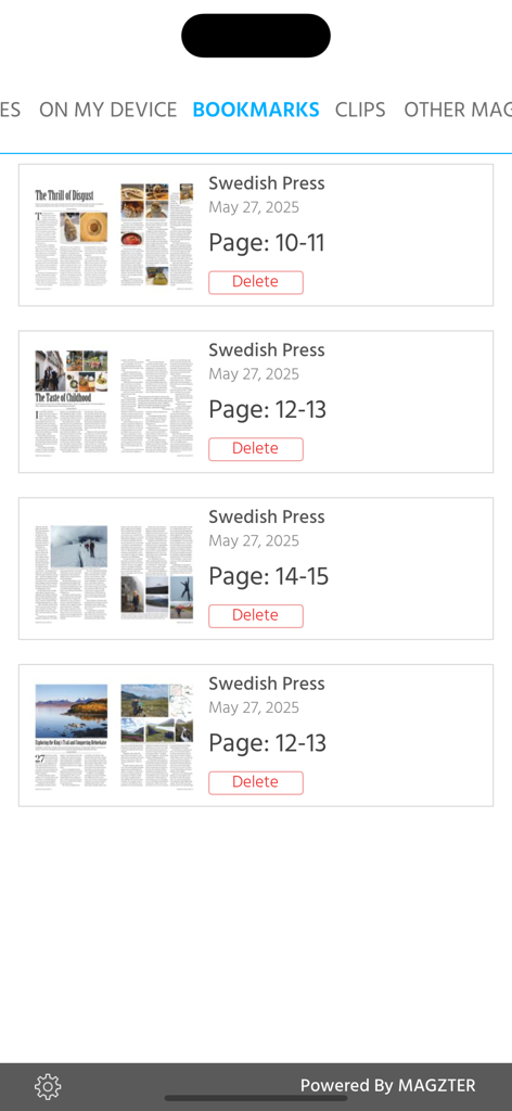 Swedish Press - Bookmarks section of the Swedish Press app displaying a list of saved magazine pages and articles.