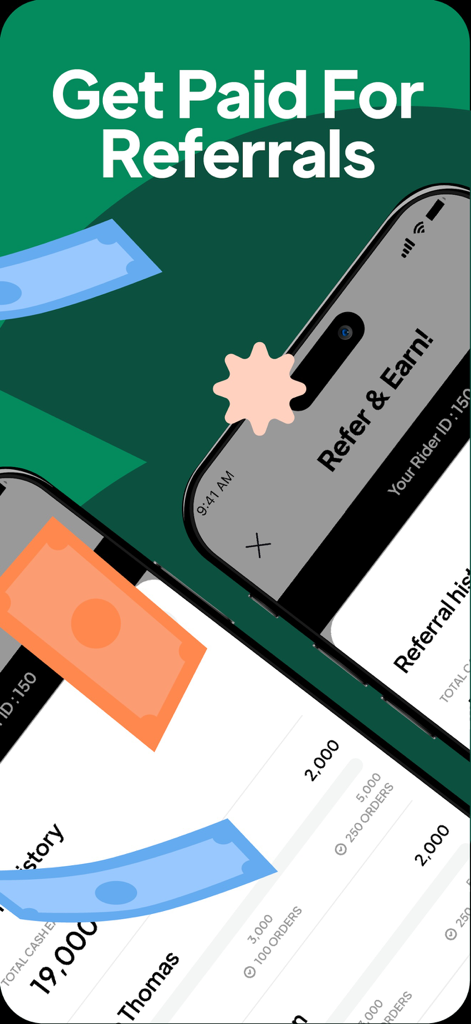 Chowdeck Rider - Una imagen promocional para la aplicación Chowdeck Rider que muestra la función de recompensas por referencia y el historial de referencias en pantallas móviles.