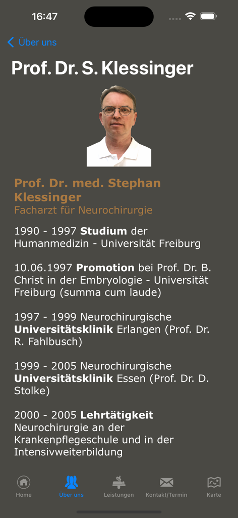 Página de perfil do Prof. Dr. Stephan Klessinger mostrando seu histórico médico profissional e trajetória de carreira