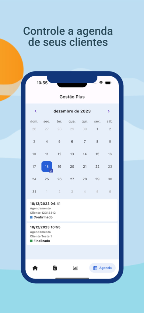 Venbook: Customers, Orders - Captura de tela do aplicativo móvel Venbook mostrando o calendário de agendamento de compromissos de clientes e detalhes das reuniões diárias.