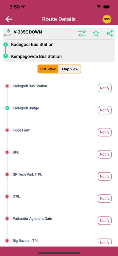Namma BMTC - Namma BMTC app screen displaying bus route details and a list of stops for route V-335E DOWN