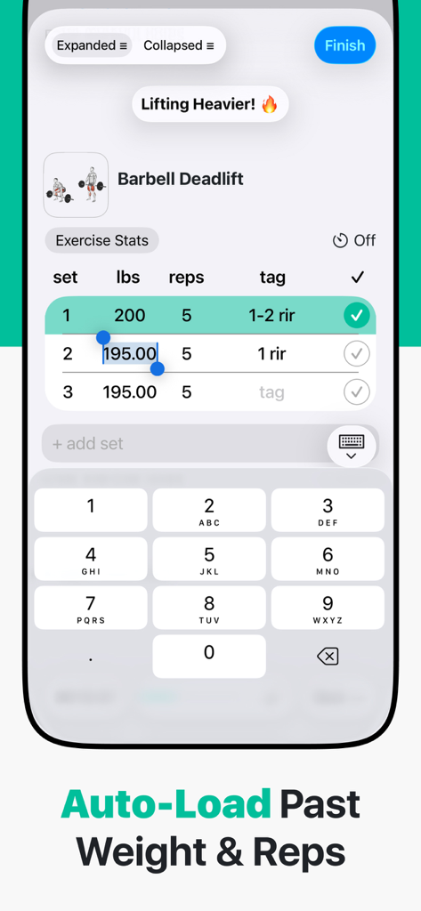 Simple Workout Log - IRONOTES - Ironotes workout tracking screen showing barbell deadlift sets with the auto load past weight and reps feature
