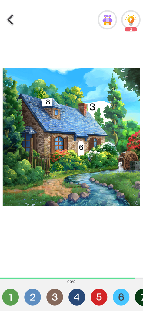 数による色塗りのモバイルゲームインターフェースにある静かな石造りのコテージと水車のシーン