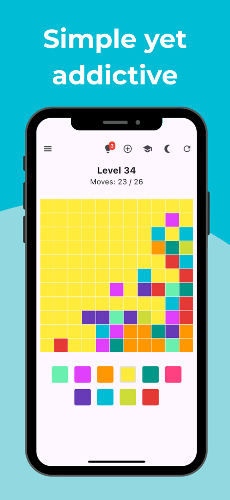 Color Flood: Logic Puzzle - Gameplay screenshot of Color Flood Logic Puzzle showing a colorful grid and level progress on a smartphone