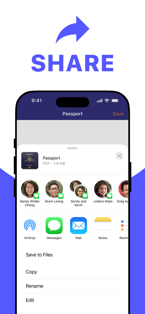 iPhoneでスキャンされたPDFドキュメントを送信するための共有メニューインターフェイス