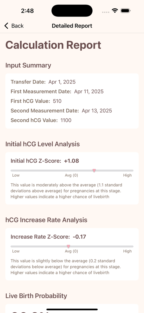 iHOPE Pregnancy Calculator - Informe detallado que muestra el análisis del nivel de hCG y la tasa de aumento en la aplicación iHOPE.