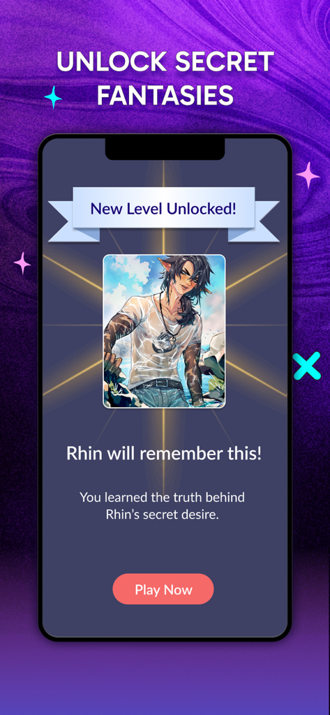 Smartphone screen displaying a New Level Unlocked notification for the character Rhin in the Dorian Romantasy Games Hub app