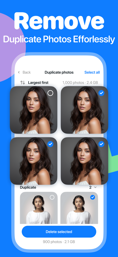 Screenshot der CleanUp Now App, die doppelte Fotos zur Löschung auswählt, um Speicherplatz auf dem iPhone freizugeben