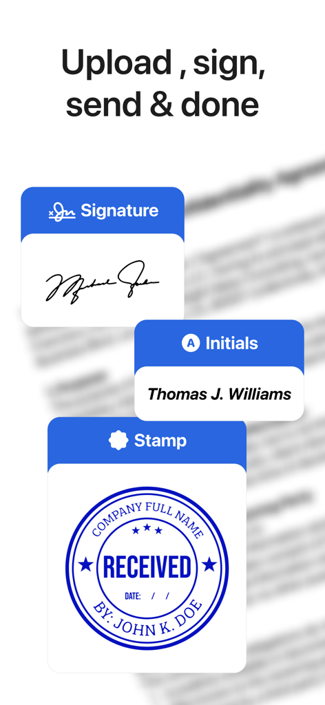 Sign Doc: e-Signature Maker - Interfaz mostrando iniciales de firma y herramientas de sello en la aplicación móvil Sign Doc