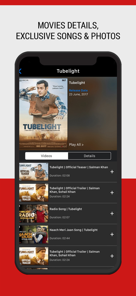 IndiaTVShowz - Bollywood App - Interface of the IndiaTVShowz app showing movie details and trailers for a Bollywood film.
