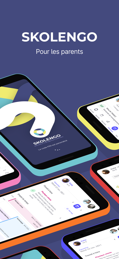 Skolengo - Affichage de l'interface de l'application mobile Skolengo sur plusieurs iPhones montrant les emplois du temps des élèves et les tâches de devoirs pour les parents