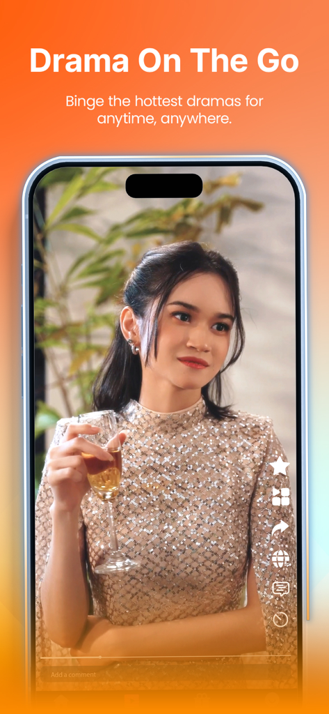 Mobile app interface showing a vertical short drama scene of a woman in a silver dress holding a champagne glass with the headline Drama On The Go