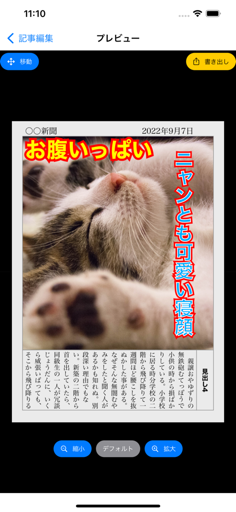 新聞作成 - 最高の瞬間をニュースに - かわいい眠っている猫とユーモラスな見出しがモバイルエディタに表示された、カスタム新聞記事のプレビュー。