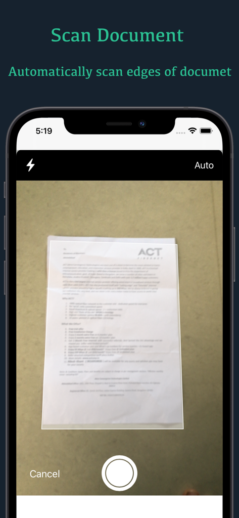 Cam PDF Scanner - Cam PDF Scanner app interface showing automatic edge detection while scanning a paper document