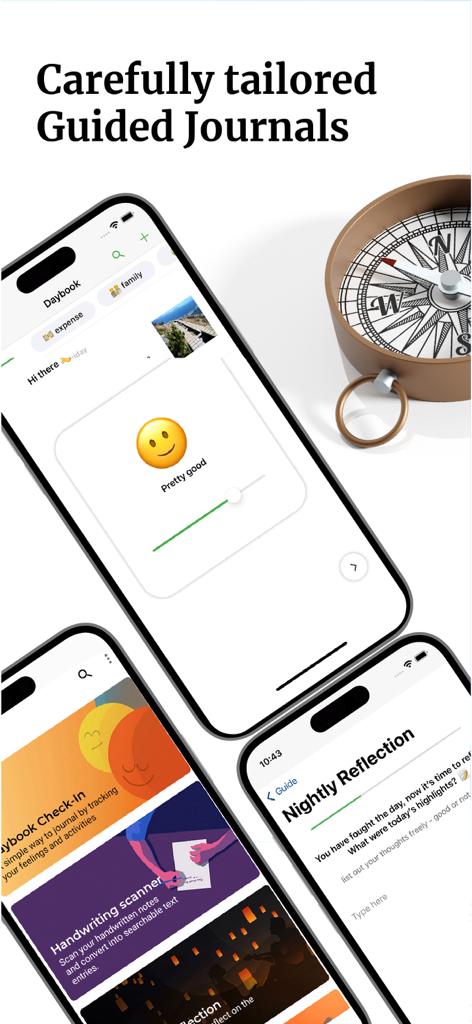 Daybook: AI Journal & Diary - Daybook app screenshots showing guided journals and mood tracking interface