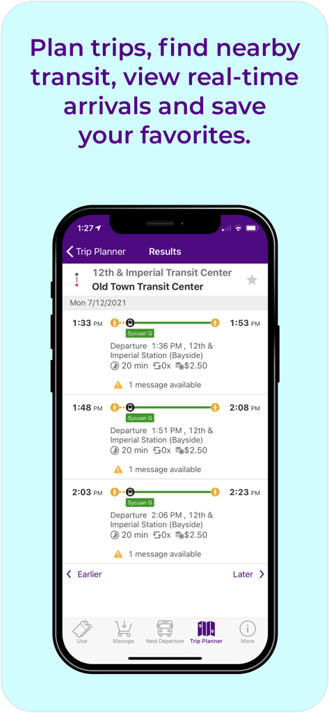 Un écran de smartphone affichant les résultats du planificateur de trajet de l'application Pronto San Diego, montrant les itinéraires de transport et les heures d'arrivée en temps réel entre les stations.