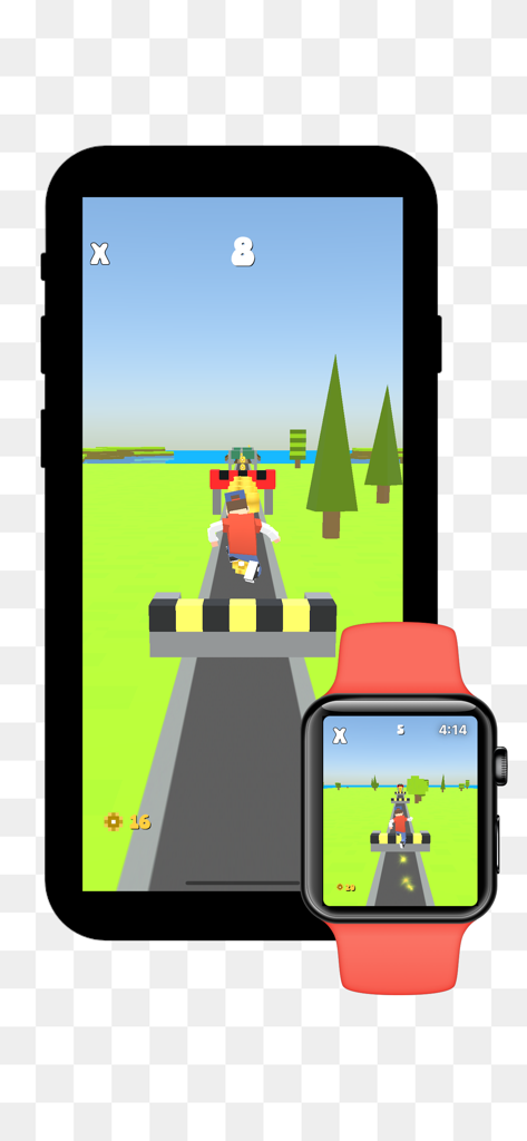 Gioco voxel Block Run World mostrato su uno schermo di iPhone e un Apple Watch con cinturino rosso.