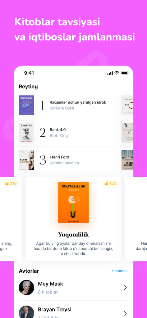 Asaxiy Books - Schermata dell'app mobile Asaxiy Books che mostra classifiche di libri e letteratura consigliata in uzbeko