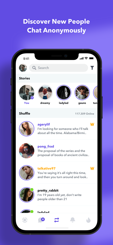 Anonymous Chat & Fun - Écran d'application mobile montrant les fonctionnalités de stories et de liste shuffle de Chat Anonyme et Fun pour découvrir de nouvelles personnes.