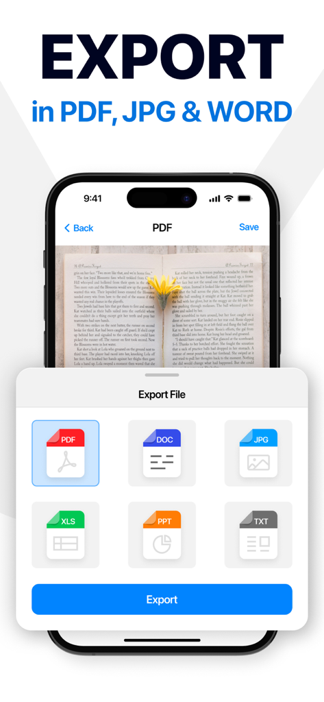 PDF Scanner - Fax, Sign & Edit - Interface d'application mobile montrant les options d'exportation pour les documents numérisés aux formats PDF, Word et JPG
