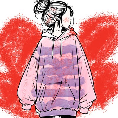 realistic girl with a oversized sweatshirt on and a bun