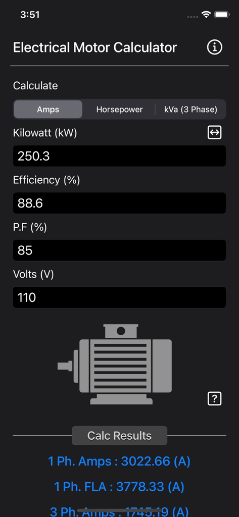 Electrical Motor Calculator - Electrical Motor Calculator app interface displaying input fields for motor specifications and calculated amperage results.