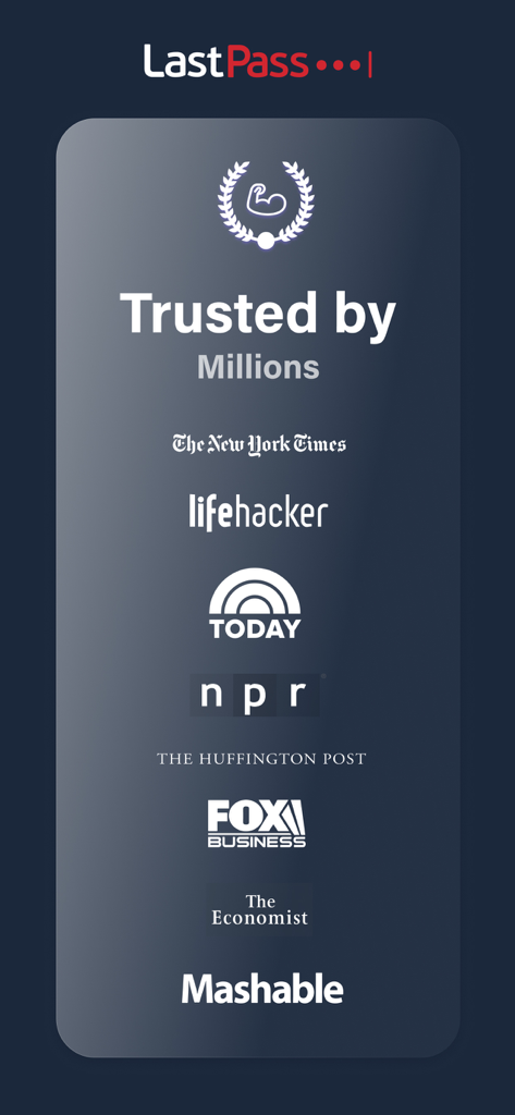 LastPass password manager screenshot displaying logos of major news outlets like The New York Times and FOX Business under the text Trusted by Millions.