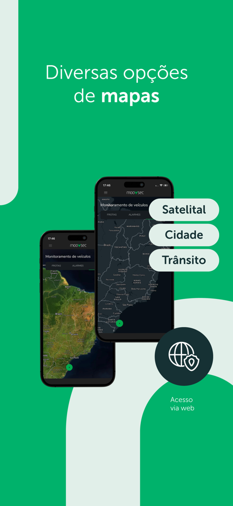 Intelbras Moovsec - Pantalla de la aplicación Intelbras Moovsec que muestra opciones de mapa de ciudad y tráfico por satélite para la monitorización de flotas