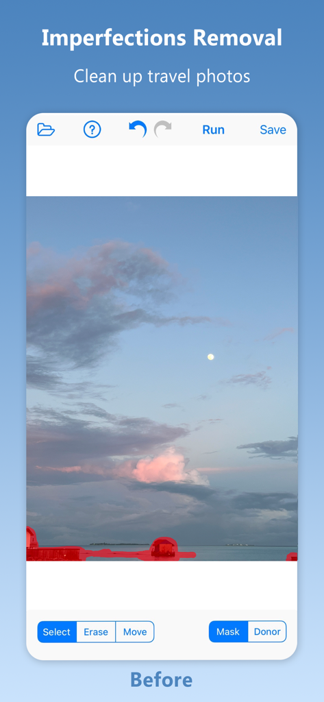 Inpaint app screenshot showing how to mask and remove unwanted objects from a travel photo.
